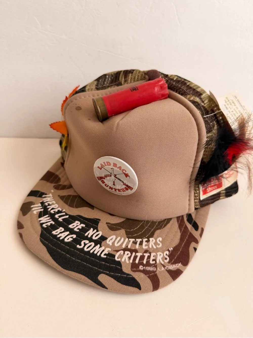 Vintage 1989 Camo Trucker Hat Hunting Laid Back Hunters Survival Kit